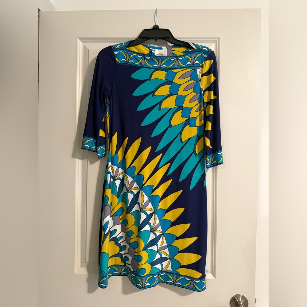 Donna Morgan Blue and Yellow Long Sleeve Dress